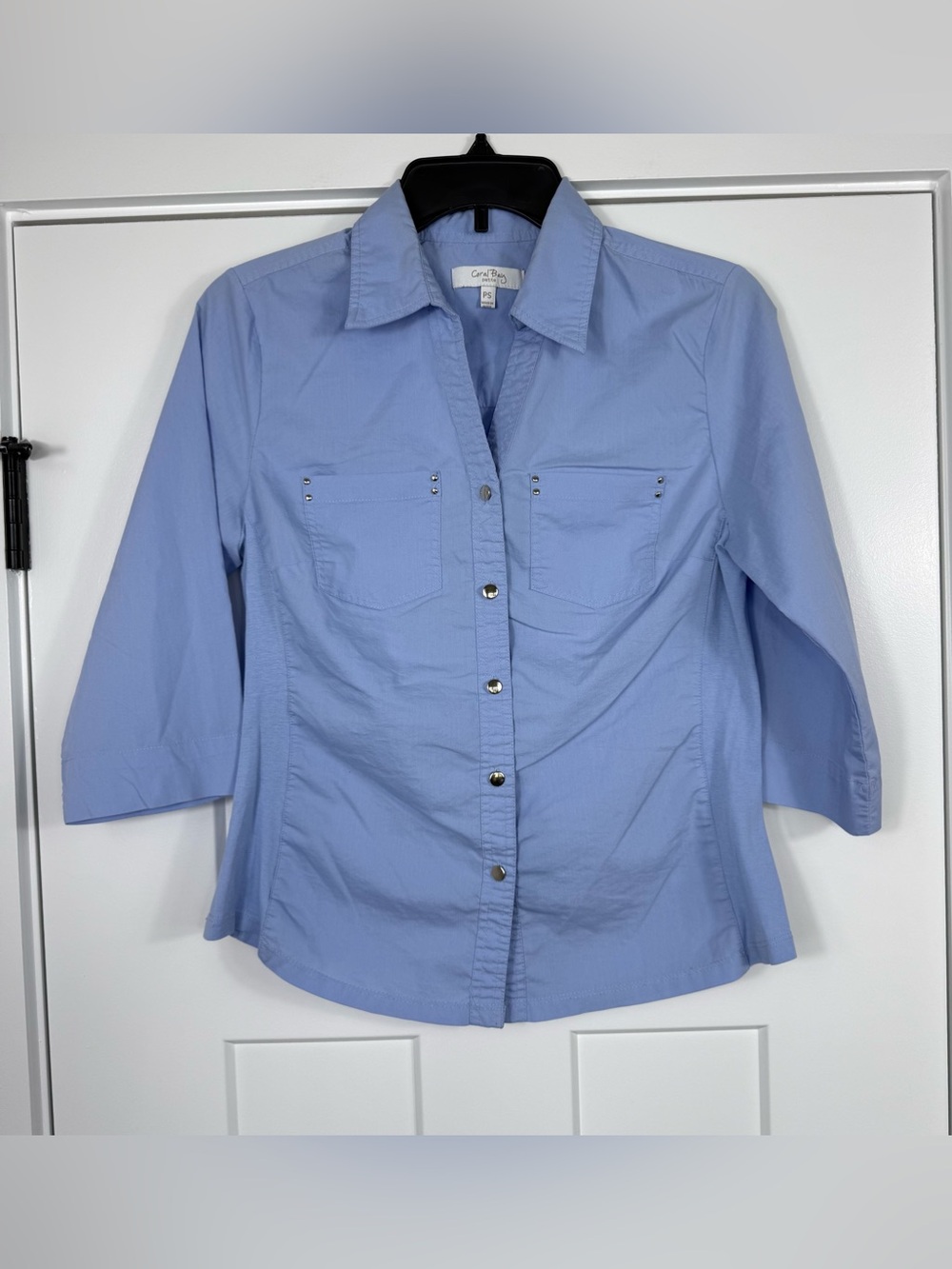Coral Bay Petite Button Front Stretch Shirt Blouse Blue Women’s Petite Small